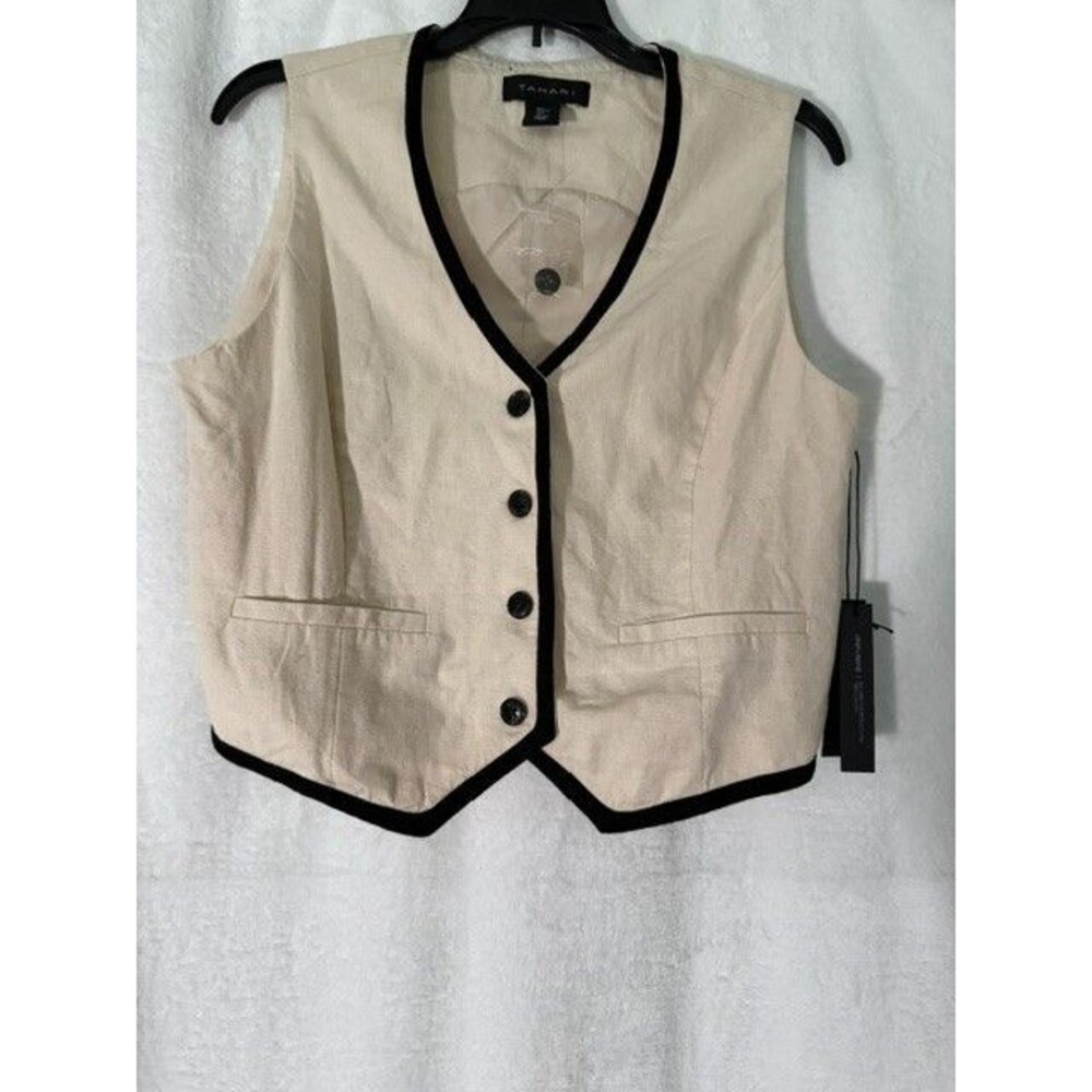 Tahari Women’s Linen Blend Vest L Beige Black Trim Button Front NWT